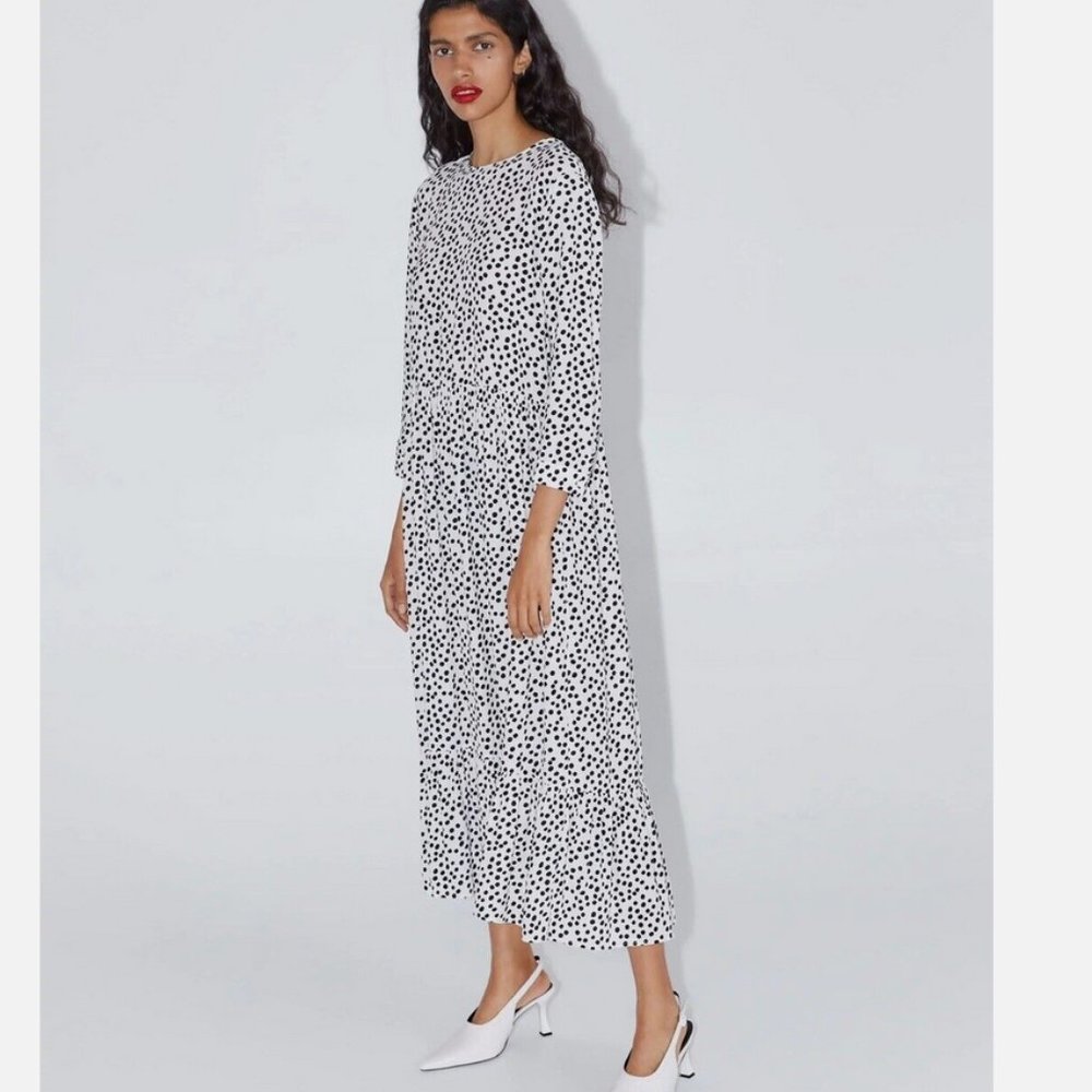 ZARA Black White Polka Dot Print DRESS Midi "The Dress" S 4886/058 RARE NEW